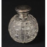 A George V silver mounted hobnail cut globular scent bottle, hinged cover, star-cut base, 10.5cm