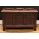 A late 17th/early 18th century oak three panel blanket chest, of small proportions, hinged cover,