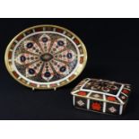 A Royal Crown Derby Imari 1128 pattern oval tray, 20cm wide, second; an 1128 pattern trinket box and