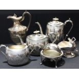 Plated Ware - a Victorian plated teapot, coffee pot and sugar bowl; others, hot water jug, roll