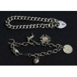 A silver padlock bracelet; a silver charm bracelet