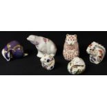 A Royal Crown Derby paperweight, harvest Mouse, gold stopper; others, all silver stoppers,