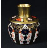 A Royal Crown Derby Imari 1128 pattern bottle vase, solid gold band, 10.5cm, printed mark, second