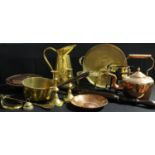 Metal Ware - a Victorian copper kettle; a 19th century warming pan; a pair of brass ejector