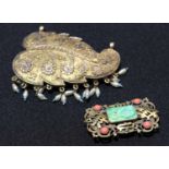 A silver gilt leaf and pearl drop pendant; a Chinese brooch (2)