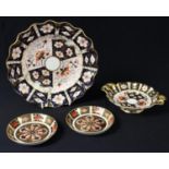 A pair of Royal Crown Derby Imari 1128 pattern circular pin dishes; a 2451 pattern shaped circular