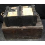 A Victorian stained pine chest, hinged top; an ammunition box (2).