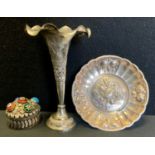 An indian silver coloured metal posy vase; oval cabochon set pill box; circular pin tray, 108g gross