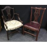 A 19th century shield back open arm chair, floral seat; another (2)
