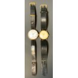 A George V 9ct gold cased Buren wristwatch, white enamel dial, Roman numerals, leather strap, London