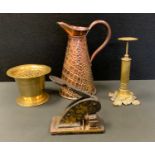 a set of Joseph & Edmond Ratcliffe spring cylinder scales, stamp press, copper jug etc.