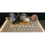 A Small Persian geometric rug, 130cm x 78cm; a Victorian silver plated salver; pair of binoculars;