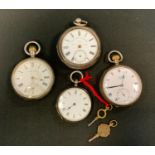 A late Victorian silver cased open face pocket watch, Birmingham 1899; others continental set (4)