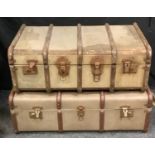 Vintage luggage - a wooden bond suitcase, 30cm high, 90cm wide, 49cm deep; another similar, 30cm