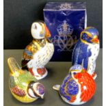 A Royal Crown Derby Rock Hopper Penguin Paperweight, gold stopper, boxed; others Puffin, Robin,