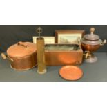 Brass & Copper - a 19th century twin handled circular copper saucepan, a copper cistern planter;