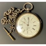 A late Victorian silver open case Chronometer pocket watch, white dial, Roman numerals, Chester 1883