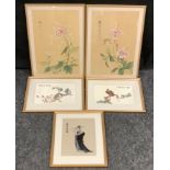 A Chinese silk panel, Eagle on a Branch, 15.5cm x 22.5cm; others Crane, Geisha; a pair of silk