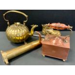 Copper & Brass - a Victorian copper kettle with rectangular box shaped body stamped "VR", on four