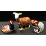 Royal Crown Derby paperweights - Grouse 980/4500, gold stopper; Derby Ram, gold stopper; Nanny Goat,