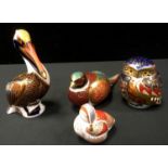 Royal Crown Derby paperweights - Little Owl for Sinclairs, gold stopper; Woodland Pheasant; gold