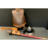 English Civil War - a replica Hikeman's breast plate and Pot Morion helmet and sword sidearm, dished