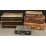 A F.E Miggins metal and wood bond traveling trunk, rectangular hinged top, carrying handles, 45cm