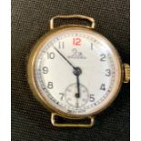 An early 20th century Record 9ct gold cased watch head, white enamel dial, Arabic numerals,