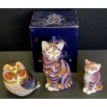 A Royal Crown Derby Cat Paperweight. gold stopper, boxed; others Kitten, Tawny Owl, both silver