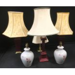 A Saville E J table lamp, columnar base; two stone ware table lamps decorated with flora; two