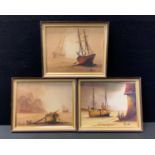 K.Hammond, set of three, Beached Boats, oil on canvas, signed and framed.