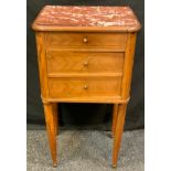 A late 19th century French mahogany crossbanded bedside cabinet, marble top above one short drawer