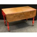 A farmhouse oak drop leaf table, canted rectangular, turned legs, 72cm high, 113cm wide(open), 114cm