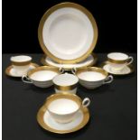 Three Royal Crown Derby teacups and saucers, with tooled gold band, printed mark; similar plates and