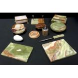 A green onyx circular dressing table bowl and cover; others; cigarette boxes, paperknife etc.