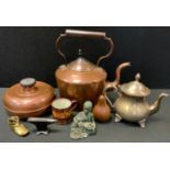 A Victorian copper kettle; a bed warmer; metal ware etc
