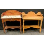 A late Victorian pine washstand, turned legs, shaped under-tier, 95cm high, 92cm wide, 49cm deep;