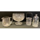 A heavy cut glass bowl, 22cm diam; a cut glass jug; etc