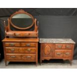 A walnut and mahogany dressing table, triptych mirrors, shelf and drawers to superstructure, two