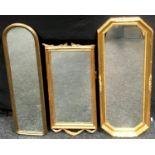 A canted rectangular gilt mirror, 97cm x 29cm; another, arched rectangular, 99cm x 23cm; etc (3)