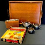 A vintage Roberts portable R761 radio; Oak twin handled tray; three piece silver plated tea set etc.