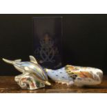 A Royal Crown Derby Paperweight Oceanic Whale, gold stopper, boxed; another Stripped Dolphin, gold