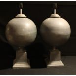 Interior Design - a pair of substantial alloy spherical pedestal table lamps, 61cm high