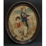 A Victorian oval dual needlework picture, boys with monkey, 49cm x 39cm