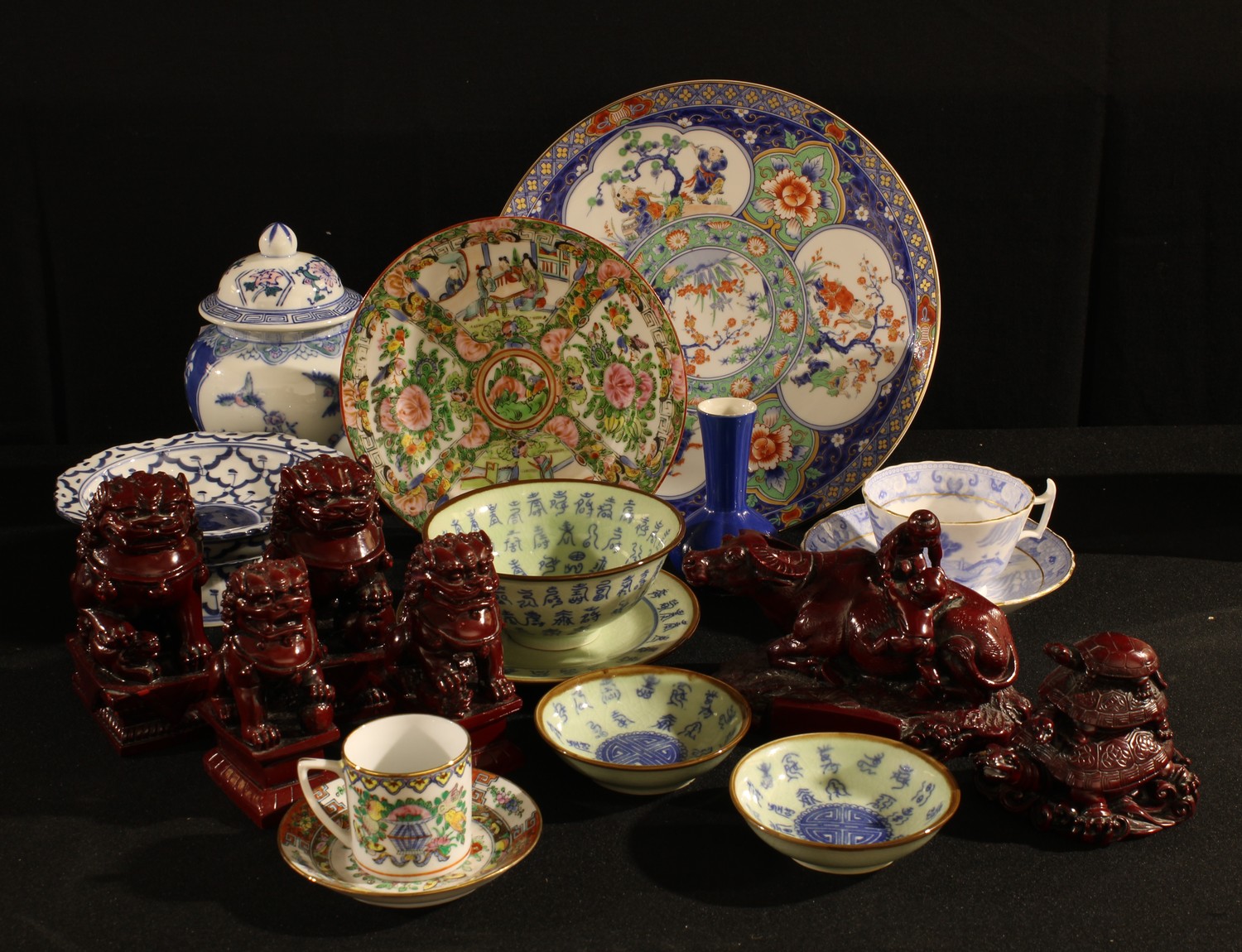 A Chinese Famille Rose plate; other blue and white; Chinese export ware vase and cover; red resin