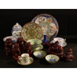 A Chinese Famille Rose plate; other blue and white; Chinese export ware vase and cover; red resin