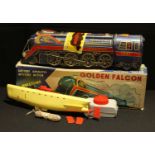 Toys - a Modern Toys (Japan) tinplate and battery operated Golden Falcon train, boxed and a 1960's