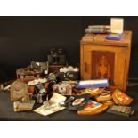 Boxes and Objects - binoculars; cameras; a mahogany and marquetry cabinet; heraldic shields; etc