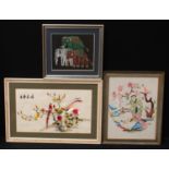 A Chinese silk picture, embroidered in bright threads with fanciful birds perched upon blossoming
