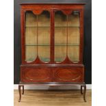 A George II Revival mahogany display cabinet, outswept cornice above a pair of glazed doors